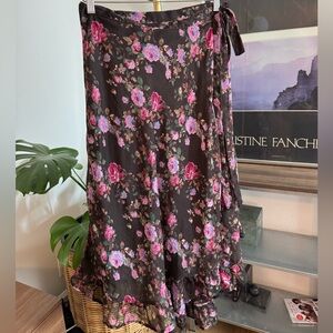 Laura Ashley Tie-Waist Midi Skirt in brown with Pink floral